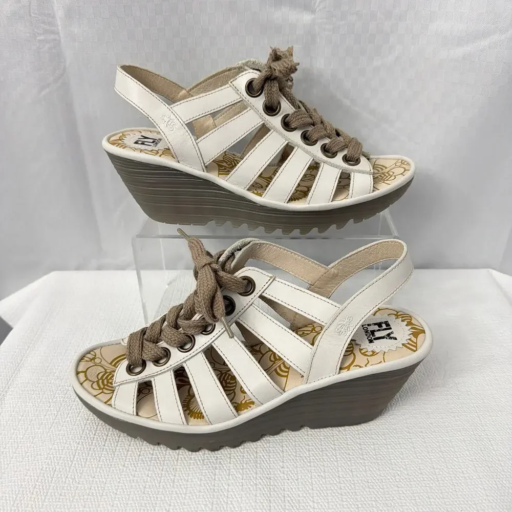 Fly London Yito Shoes Womens Size 9 US Wedge Sandals 40 EU White Leather Shoes